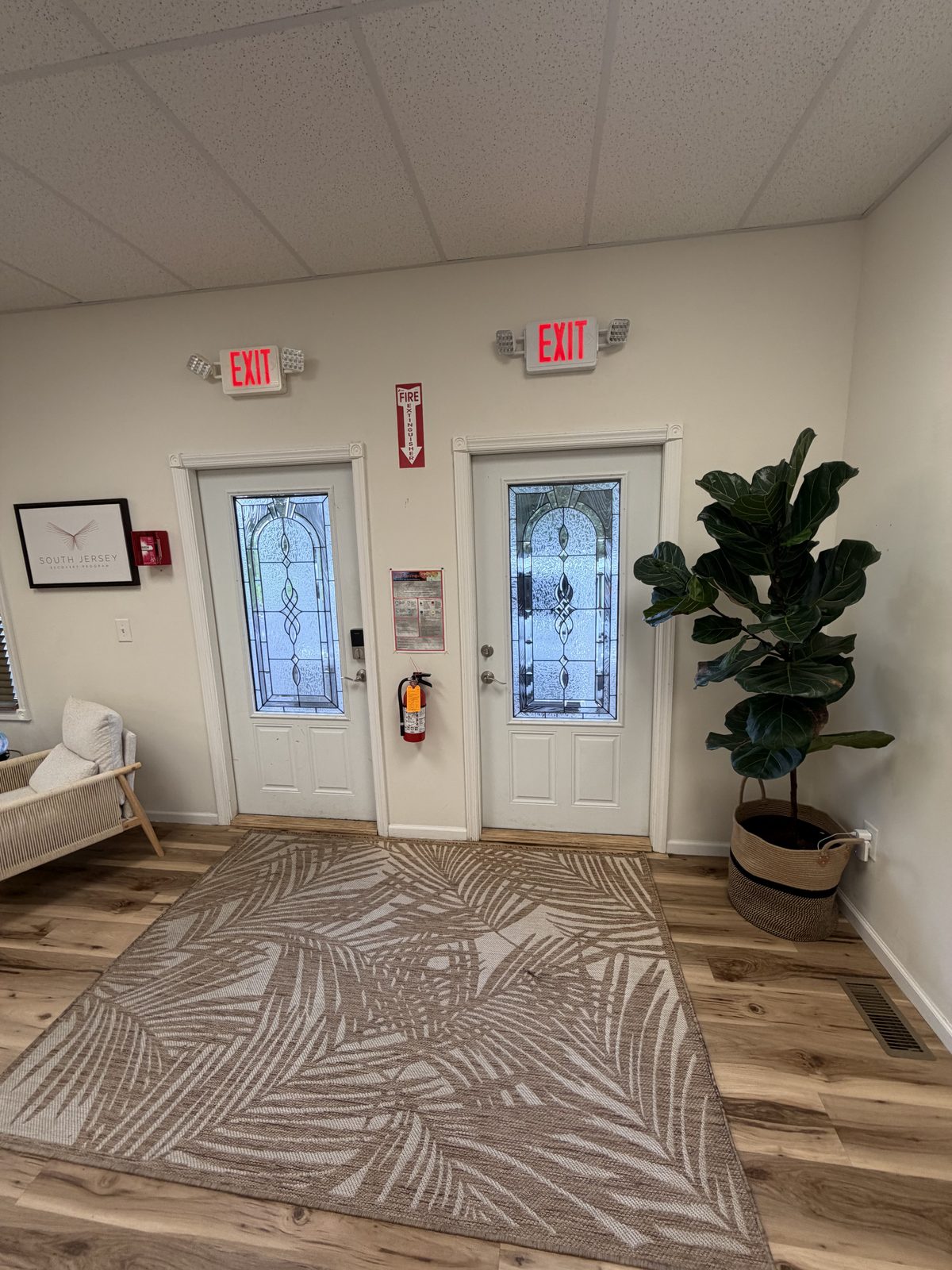Lobby just inside the two front doors, with a rug and a potted plant