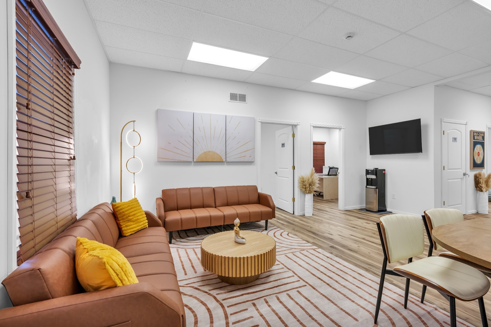 Lounge seating area with two sofas and a coffee table